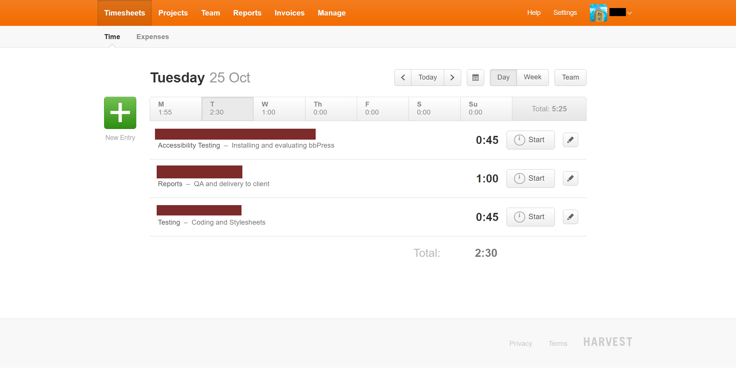 Harvest day view showing a list of tasks and time taken to perform them