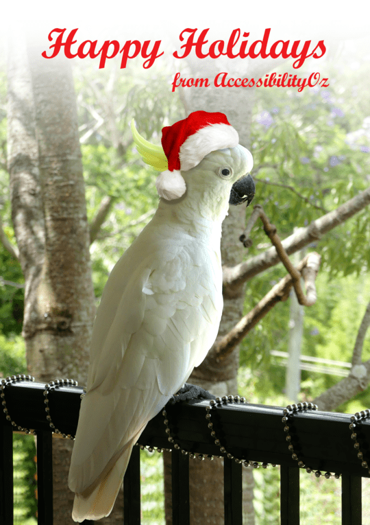 A Sulphur crested cockatoo on Christmas decorations wearing a Santa hat